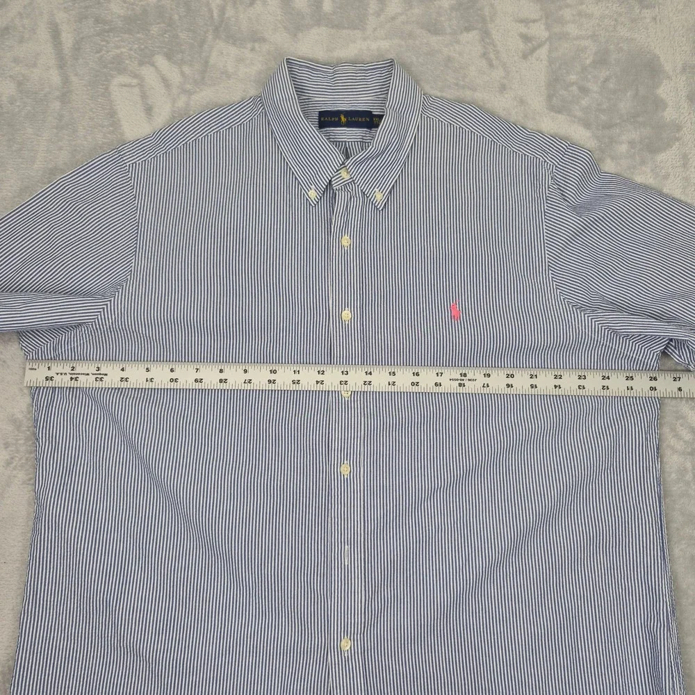 Ralph Lauren Short Sleeve Mens XXL Blue White Striped Seersucker Shirt Pink Pony